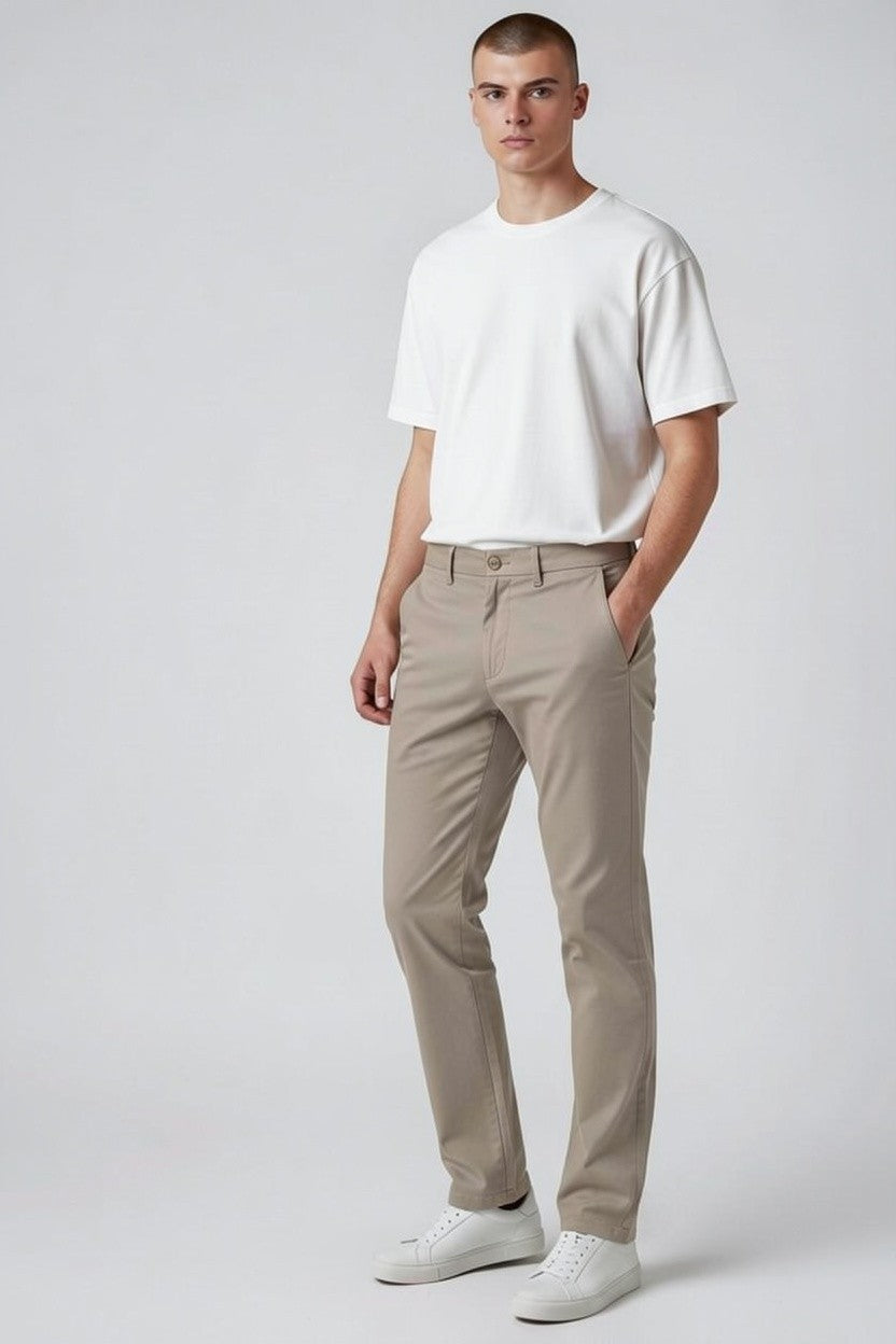 Men's Cotton Stretch Slim Fit Chino Beige Trousers