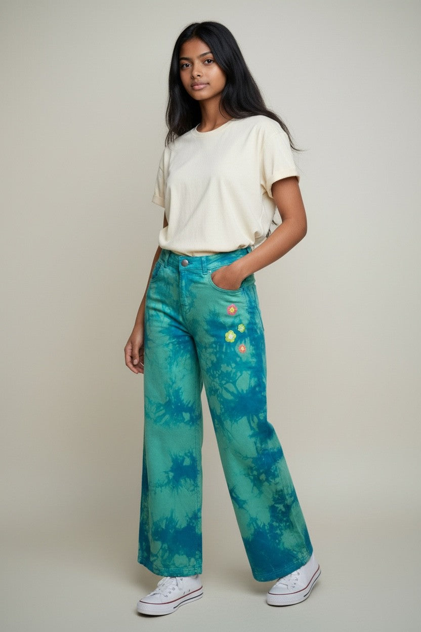 JOSS Girls’ Tie-Dye Floral Flared Denim Jeans – Turquoise