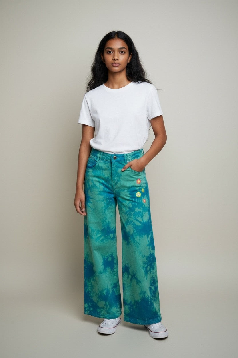 JOSS Girls’ Tie-Dye Floral Flared Denim Jeans – Turquoise