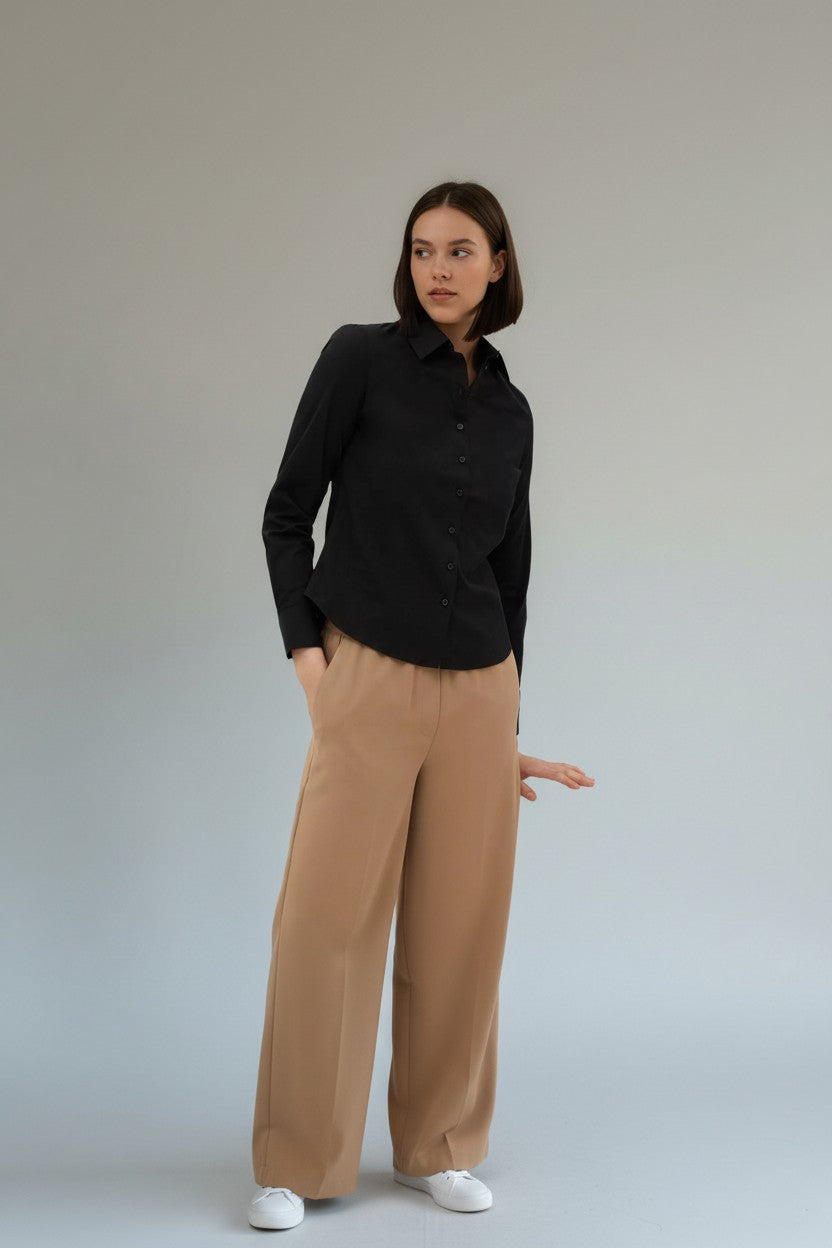 Women's Black Long Sleeve Stretch Formal Blouse Shirt