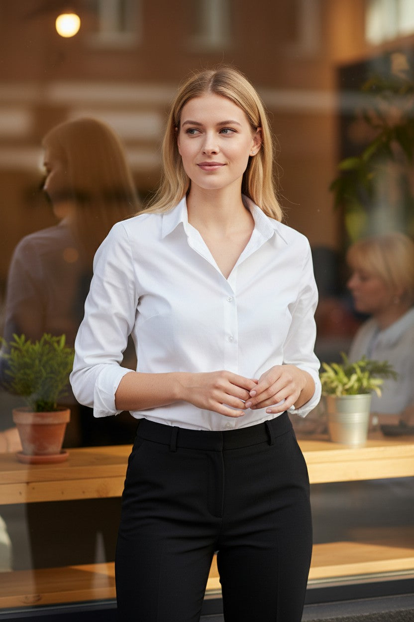 Women's White Long Sleeve Stretch Formal Blouse Shirt Pack of 12 pcs