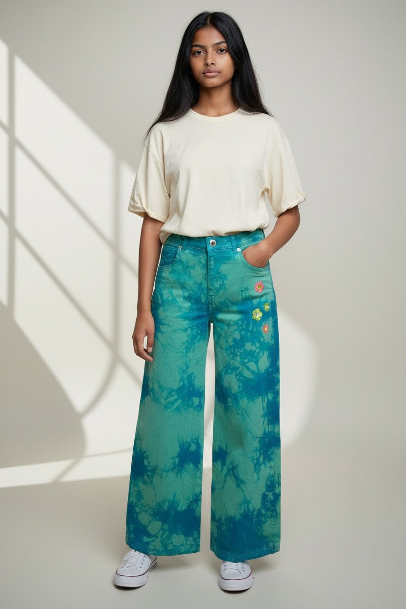 JOSS Girls’ Tie-Dye Floral Flared Denim Jeans – Turquoise